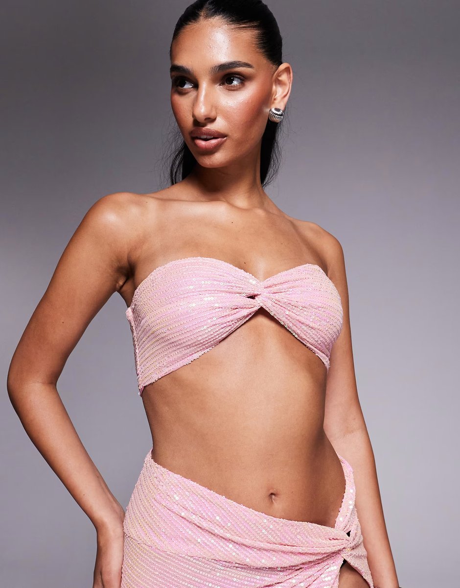 ASOS Missyempire sequin twist front bandeau bralet and maxi skirt co-ord in pink - 3