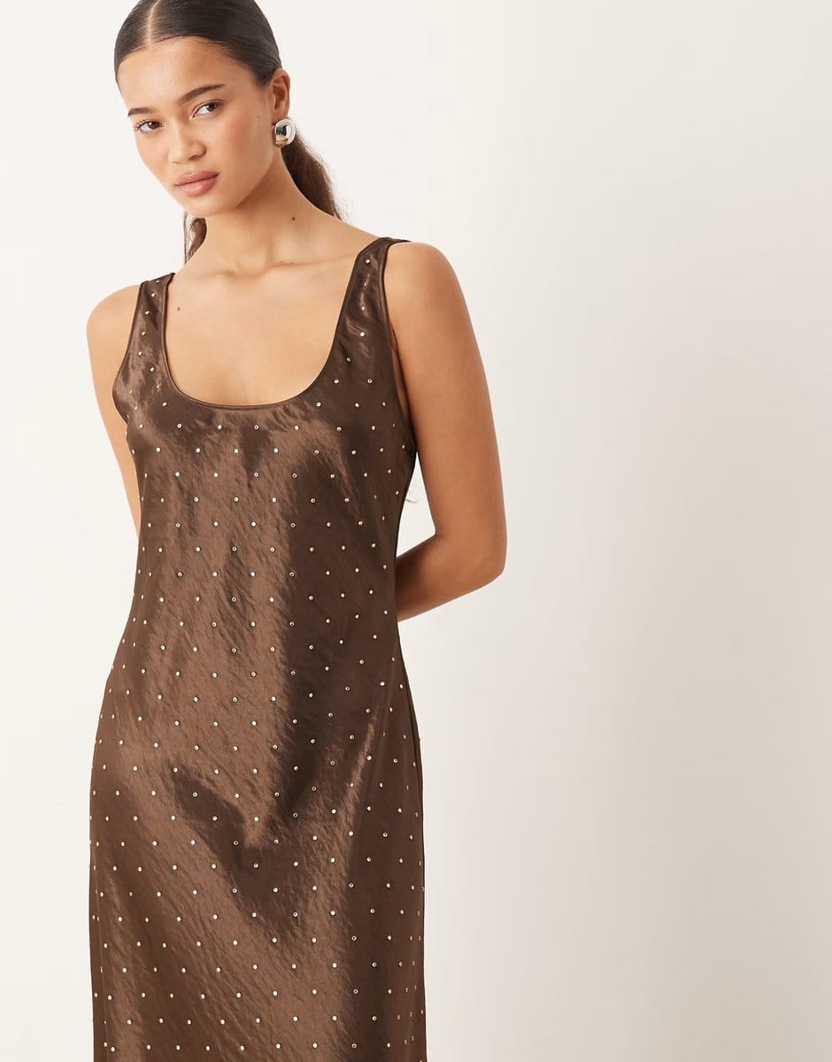 ASOS Mango racer maxi dress with embellishment in chocolate - 4