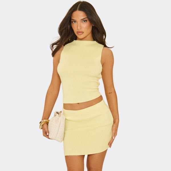 EGO Sleeveless Fitted Racer Top In Yellow Knit, Women's Size UK Large L