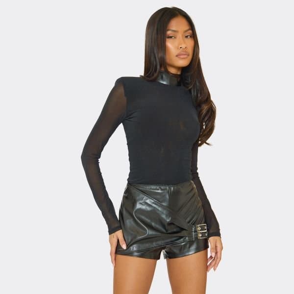EGO Long Sleeve Shoulder Pad Mesh Top And Buckle Detail Shorts Co-Ord Set In Black Faux Leather, Women's Size UK 6