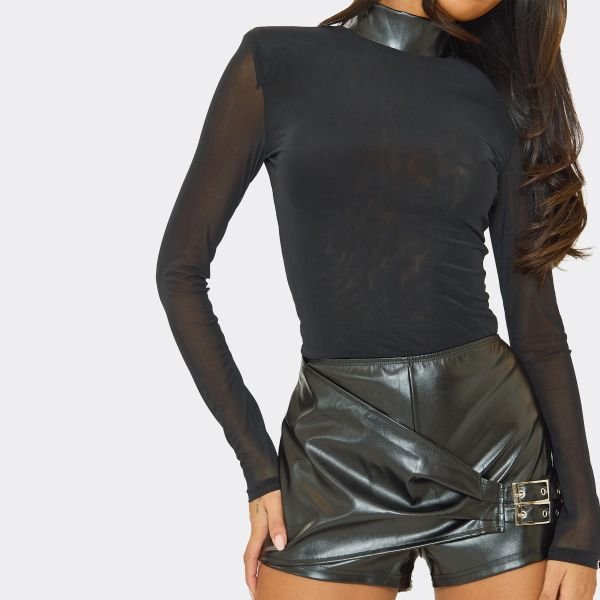 EGO Long Sleeve Shoulder Pad Mesh Top And Buckle Detail Shorts Co-Ord Set In Black Faux Leather, Women's Size UK 6 - 2