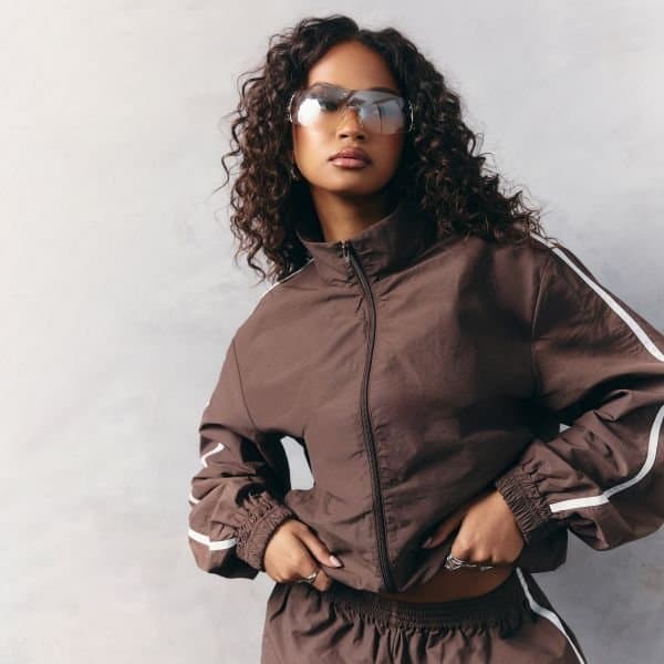 EGO Long Sleeve Contrast Side Panel Zip Up Track Jacket In Chocolate Brown Shell, Women's Size UK 4