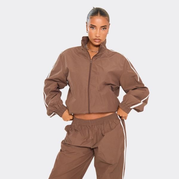 EGO Long Sleeve Contrast Side Panel Zip Up Track Jacket In Chocolate Brown Shell, Women's Size UK 4 - 2