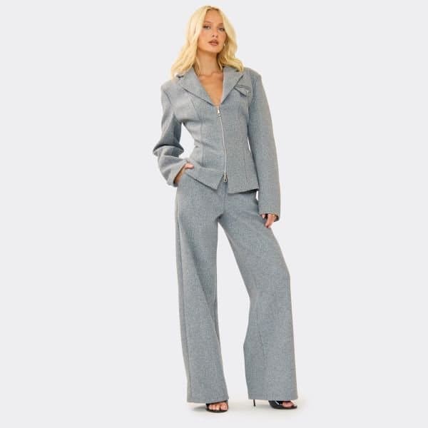EGO EGO Mid Rise Wool Look Straight Leg Tailored Trousers in Grey