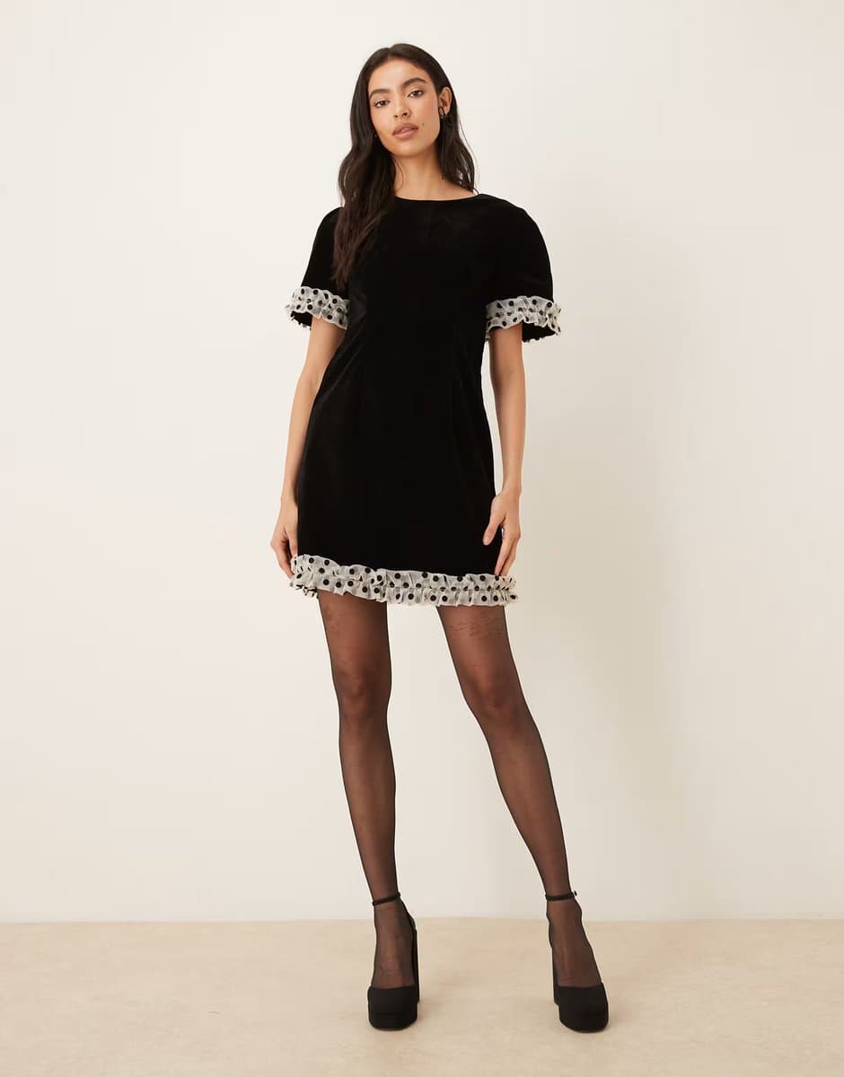 ASOS Sister Jane City velvet polka dot ruffle hem mini dress in black