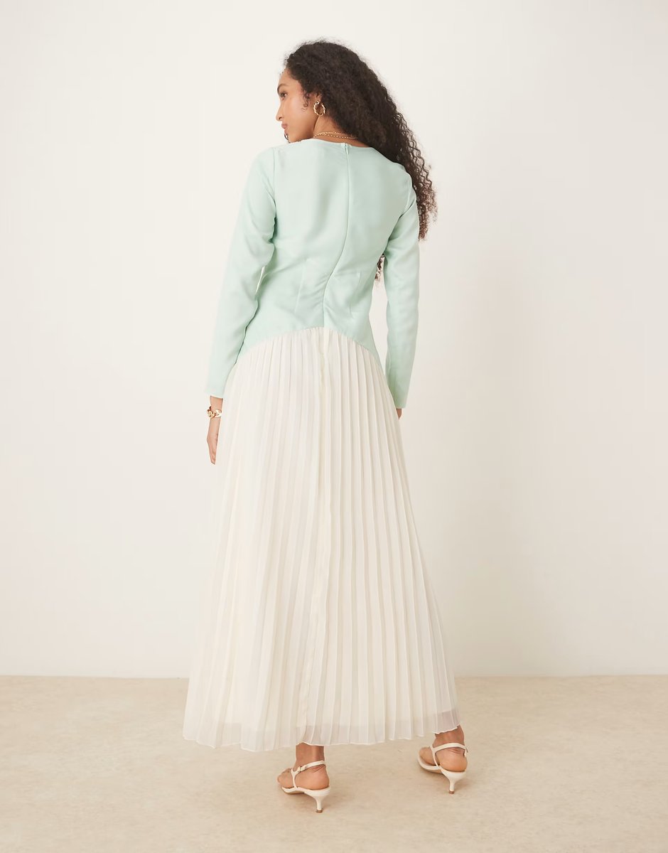 ASOS ASOS DESIGN colour block dropped waist pleated skirt maxi dress in green and cream - 3