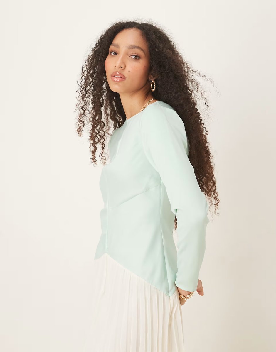 ASOS ASOS DESIGN colour block dropped waist pleated skirt maxi dress in green and cream - 4