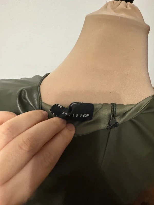 ASOS Design khaki green mini dress ruched draped faux leather pu biker punk size 10 - 2