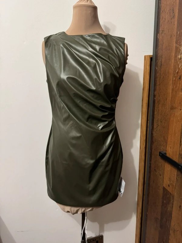 ASOS Design khaki green mini dress ruched draped faux leather pu biker punk size 10 - 3