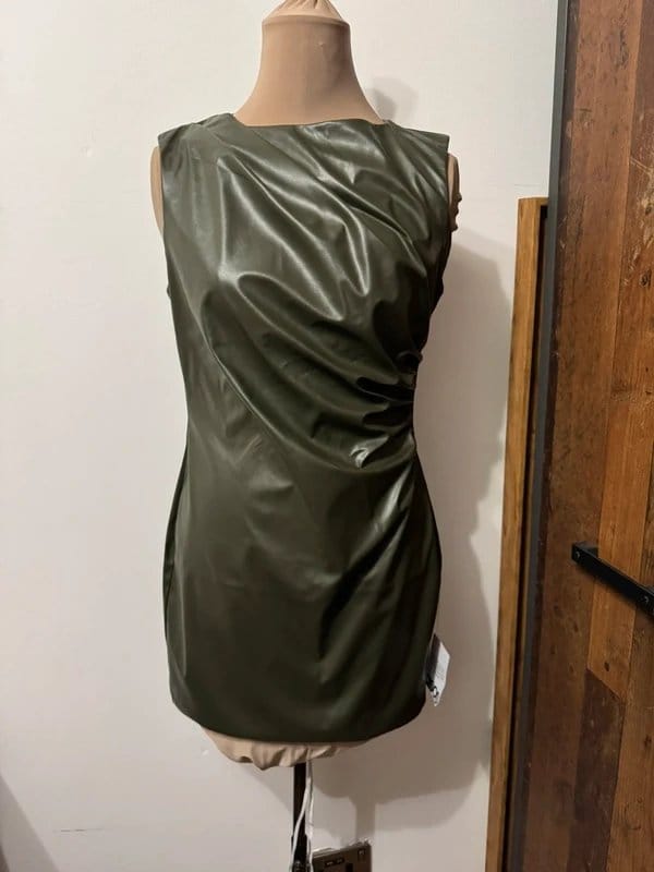 ASOS Design khaki green mini dress ruched draped faux leather pu biker punk size 10 - 3