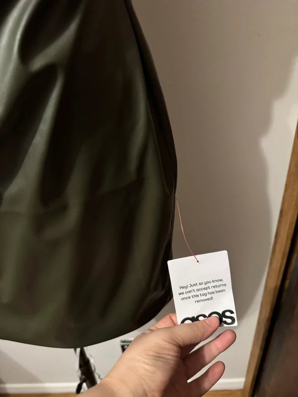 ASOS Design khaki green mini dress ruched draped faux leather pu biker punk size 10 - 4