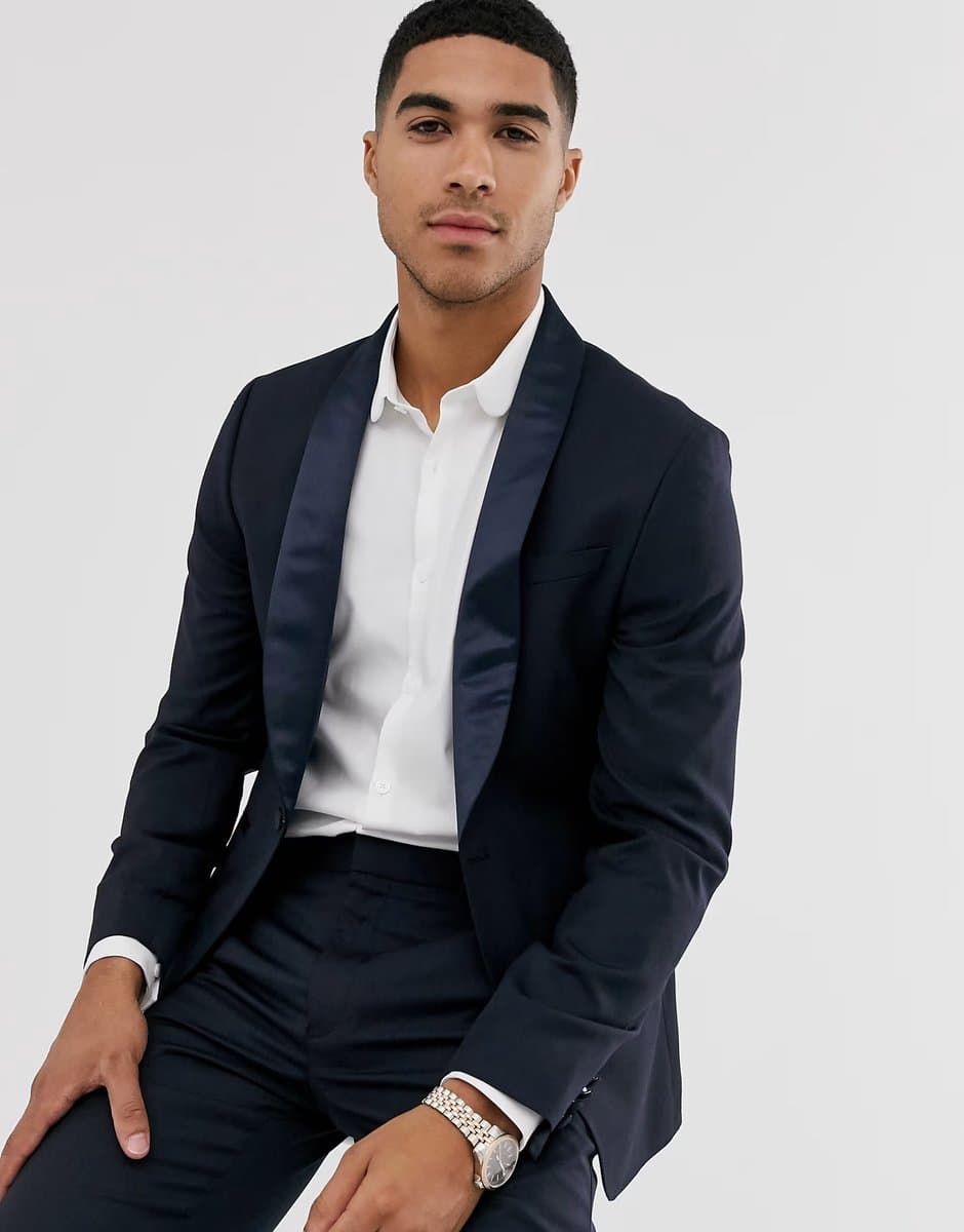 ASOS ASOS DESIGN skinny wool tuxedo suit jacket in navy