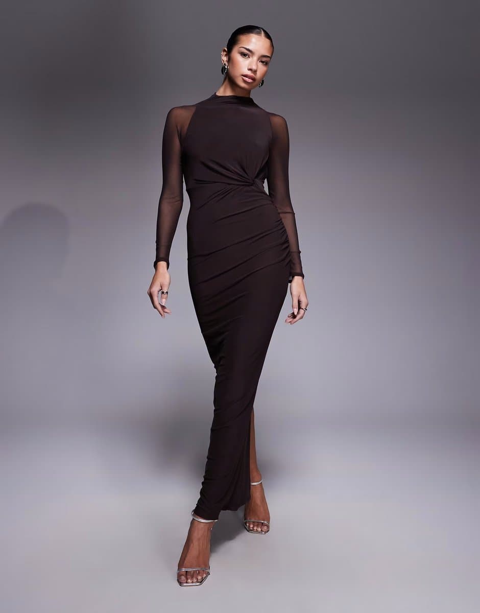 ASOS ASOS DESIGN mesh long sleeve twist bust detail halter maxi dress in chocolate