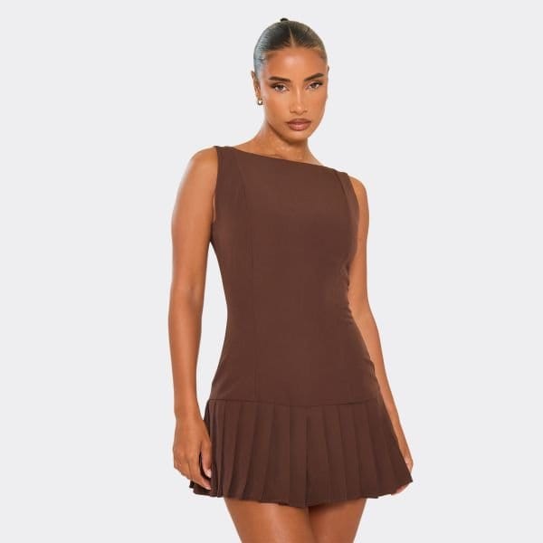 EGO Sleeveless Pleated Hem Detail Playsuit In Chocolate Brown, Women's Size UK 6 - 1