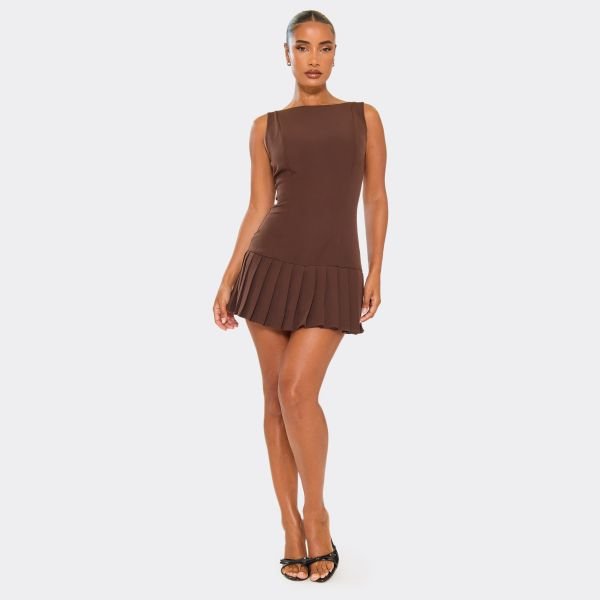 EGO Sleeveless Pleated Hem Detail Playsuit In Chocolate Brown, Women's Size UK 6 - 2