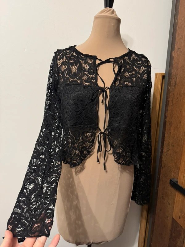 ASOS Design black lace front tie top long sleeve see through bolero shrug size 10 - 2