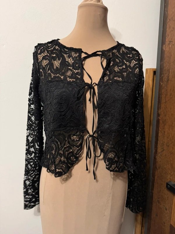 ASOS Design black lace front tie top long sleeve see through bolero shrug size 10 - 3