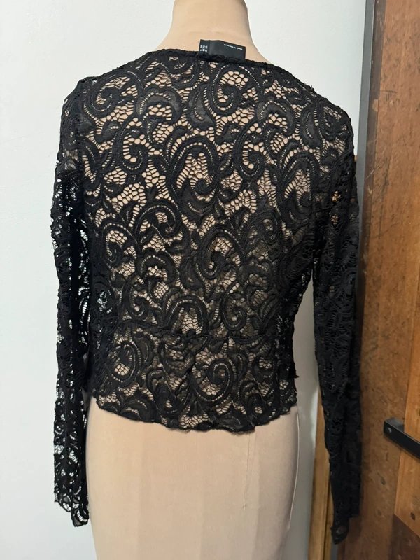 ASOS Design black lace front tie top long sleeve see through bolero shrug size 10 - 4
