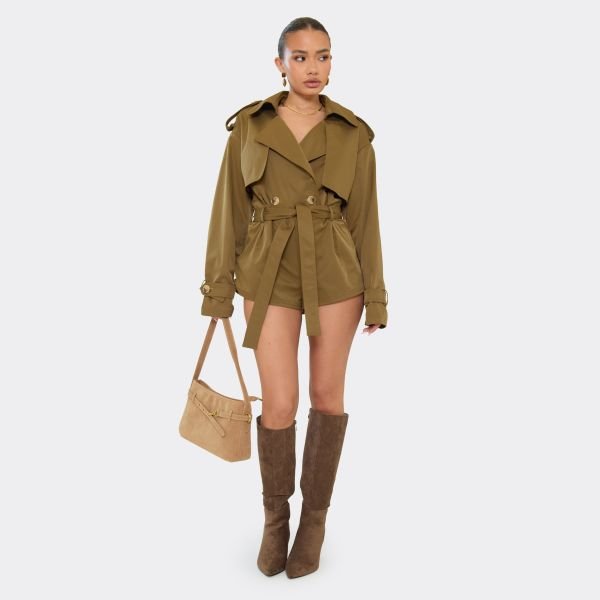 EGO Belted Waist Trench Playsuit In Khaki, Women's Size UK 6 - 2