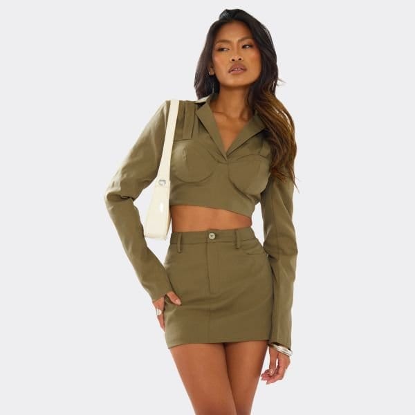 EGO Long Sleeve Bust Detail Cropped Blazer In Khaki Green, Women's Size UK 6 - 1