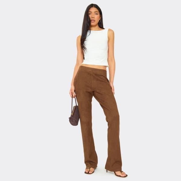 EGO Mid Rise Flared Trousers In Chocolate Brown Faux Suede, Women's Size UK 6