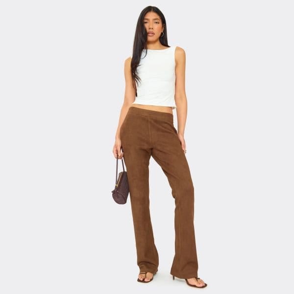 EGO Mid Rise Flared Trousers In Chocolate Brown Faux Suede, Women's Size UK 6 - 1