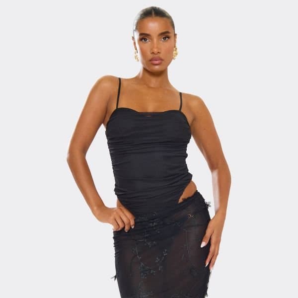 EGO Strappy Ruched Detail Bodysuit In Black Mesh, Women's Size UK 6