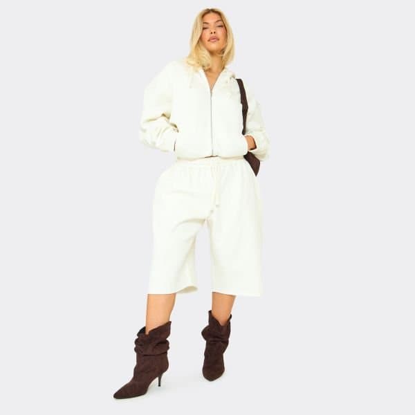 EGO Low Rise Drawstring Waist Sweat Jorts In Cream, Women's Size UK 6