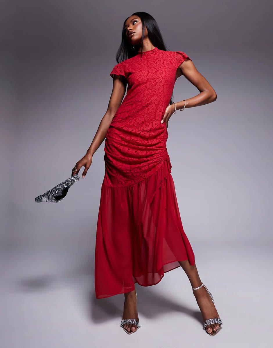 ASOS ASOS DESIGN Red Lace Drop Waist Maxi Dress