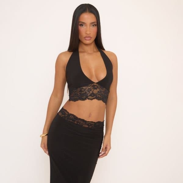 EGO EGO Plunge Halterneck Contrast Lace Hem Top in Black