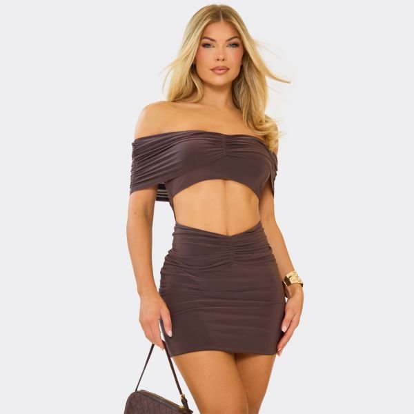 EGO Bardot Ruched Cut Out Detail Mini Dress In Chocolate Brown, Women's Size UK 6 - 1