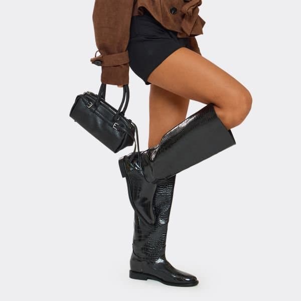 EGO Animal-Instinct Knee High Boot In Black Croc Print Faux Leather, Women's Size UK 3