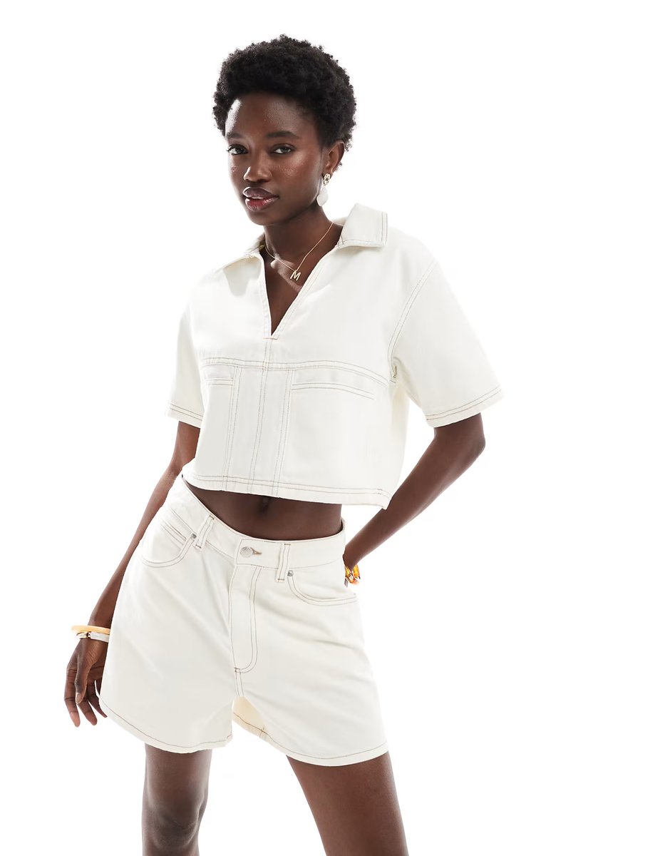 ASOS ASOS DESIGN denim rugby top in ecru co-ord - 1