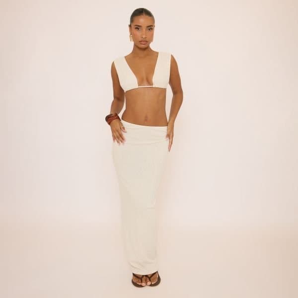 EGO Low Waist Maxi Skirt In Cream Rib, Women's Size UK 14