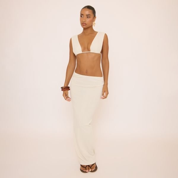 EGO Low Waist Maxi Skirt In Cream Rib, Women's Size UK 14 - 2