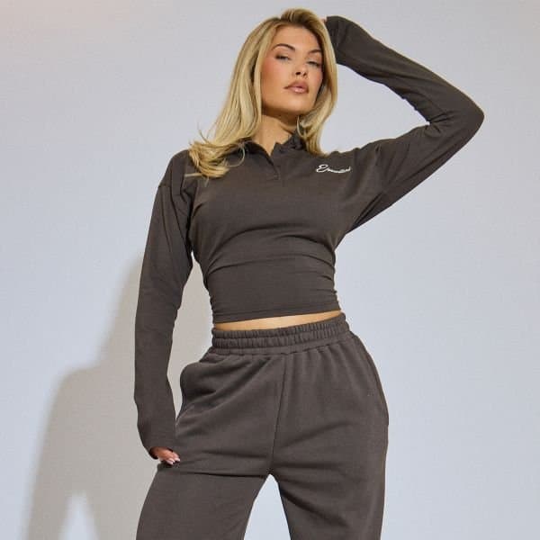 EGO Long Sleeve Essential Embroidered Graphic Button Detail Top In Chocolate Brown, Women's Size UK 6