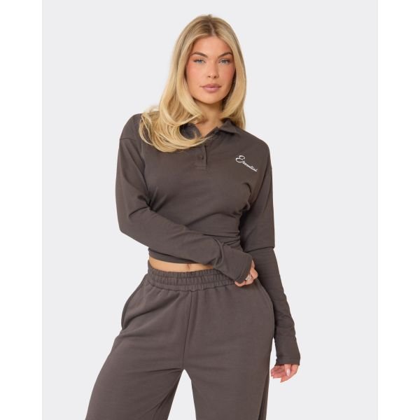 EGO Long Sleeve Essential Embroidered Graphic Button Detail Top In Chocolate Brown, Women's Size UK 6 - 2