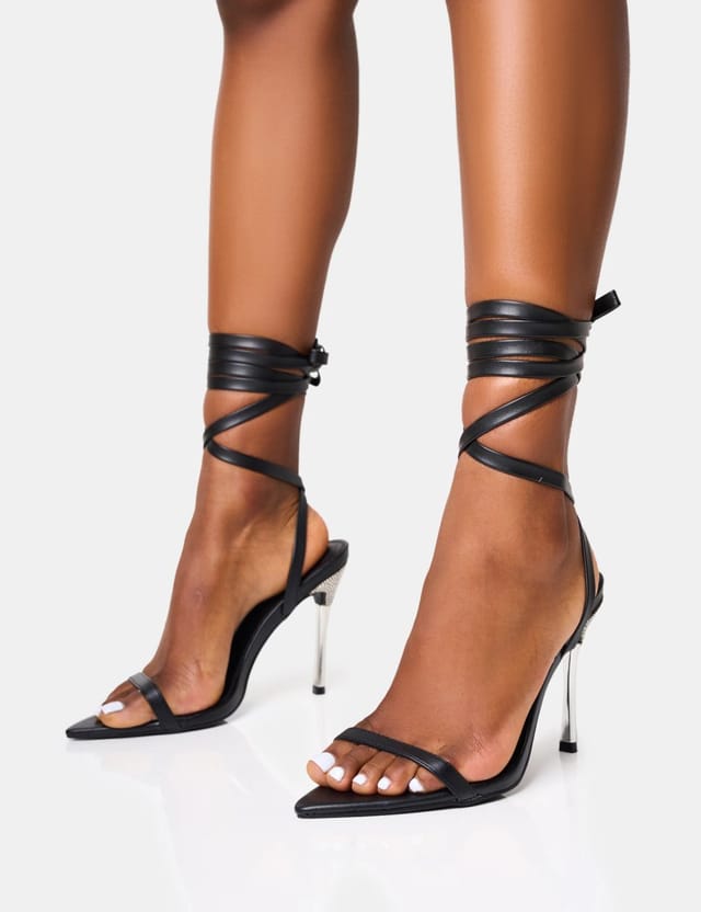 Public Desire Ultimate Black Lace Up Diamante Encrusted Pointed Toe Stiletto Heels - 3