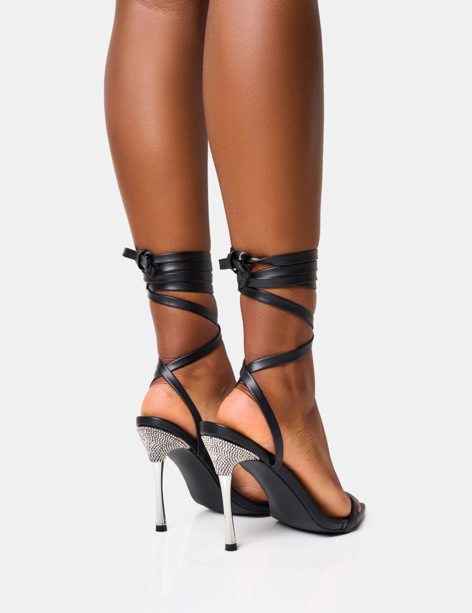 Public Desire Ultimate Black Lace Up Diamante Encrusted Pointed Toe Stiletto Heels - 4