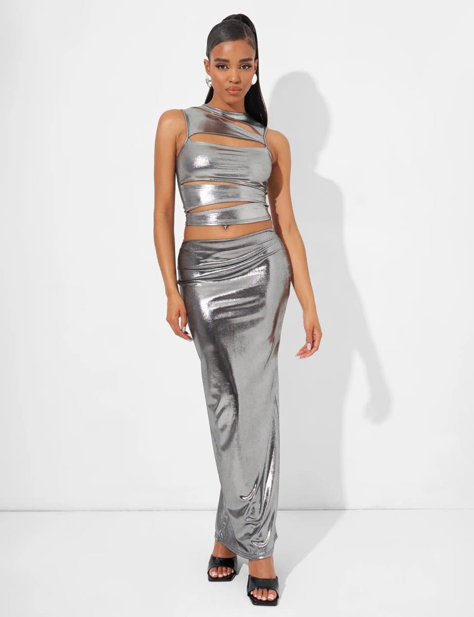 Public Desire Maxi Skirt Co Ord in Metallic Silver