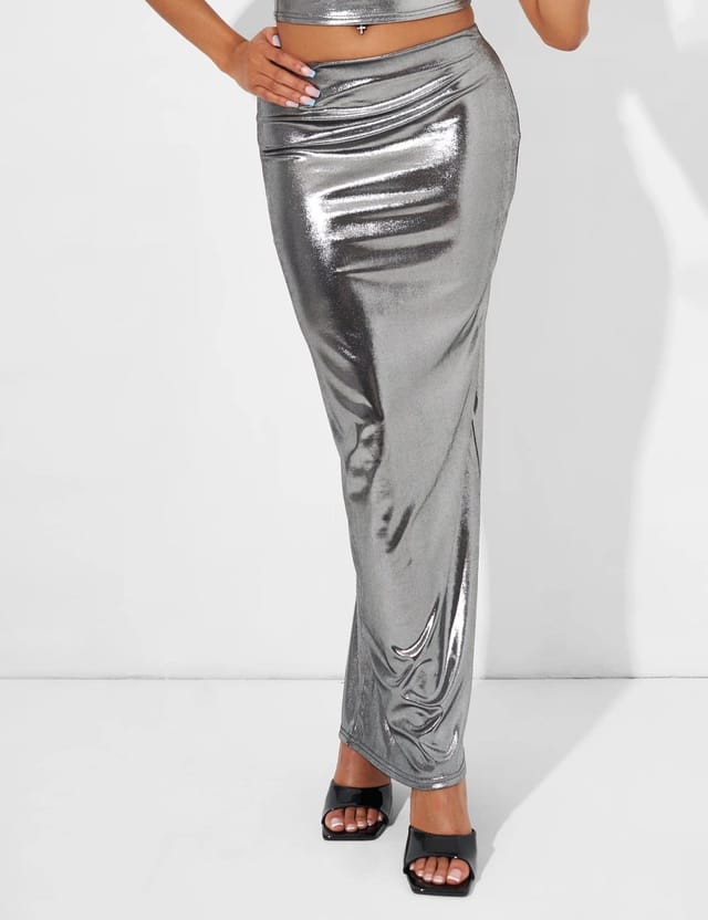 Public Desire Maxi Skirt Co Ord in Metallic Silver - 3
