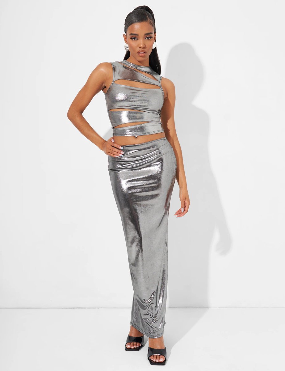 Public Desire Maxi Skirt Co Ord in Metallic Silver - 4