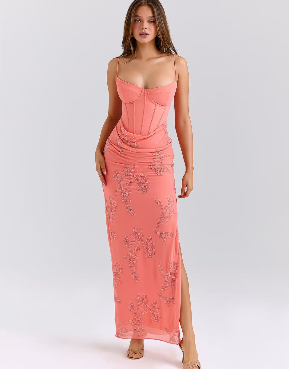 ASOS House of CB Carmella coral embellished hand beaded maxi dress in coral
