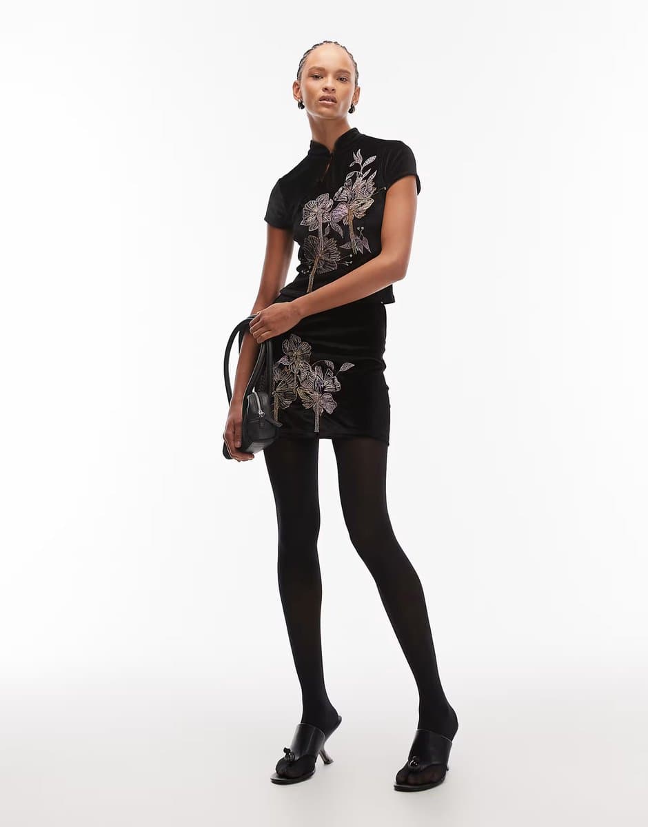 ASOS ASOS DESIGN co-ord velvet embroidered top with rouleau loop and mini skirt with drip bead detail in black