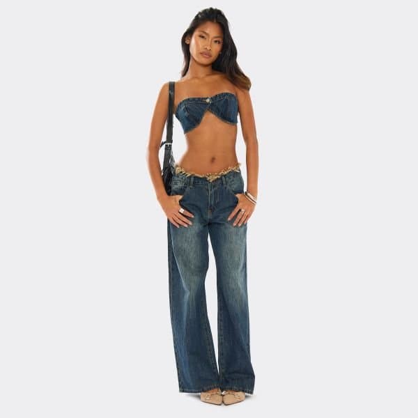 EGO Frayed Waist Wide Leg Jeans In Washed Dark Blue, Women's Size UK 6