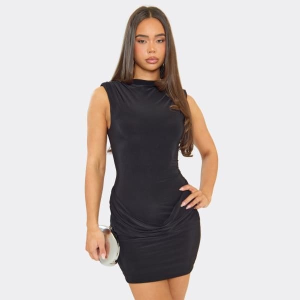 EGO High Neck Shoulder Pad Draped Front Mini Dress In Black, Women's Size UK 6 - 1