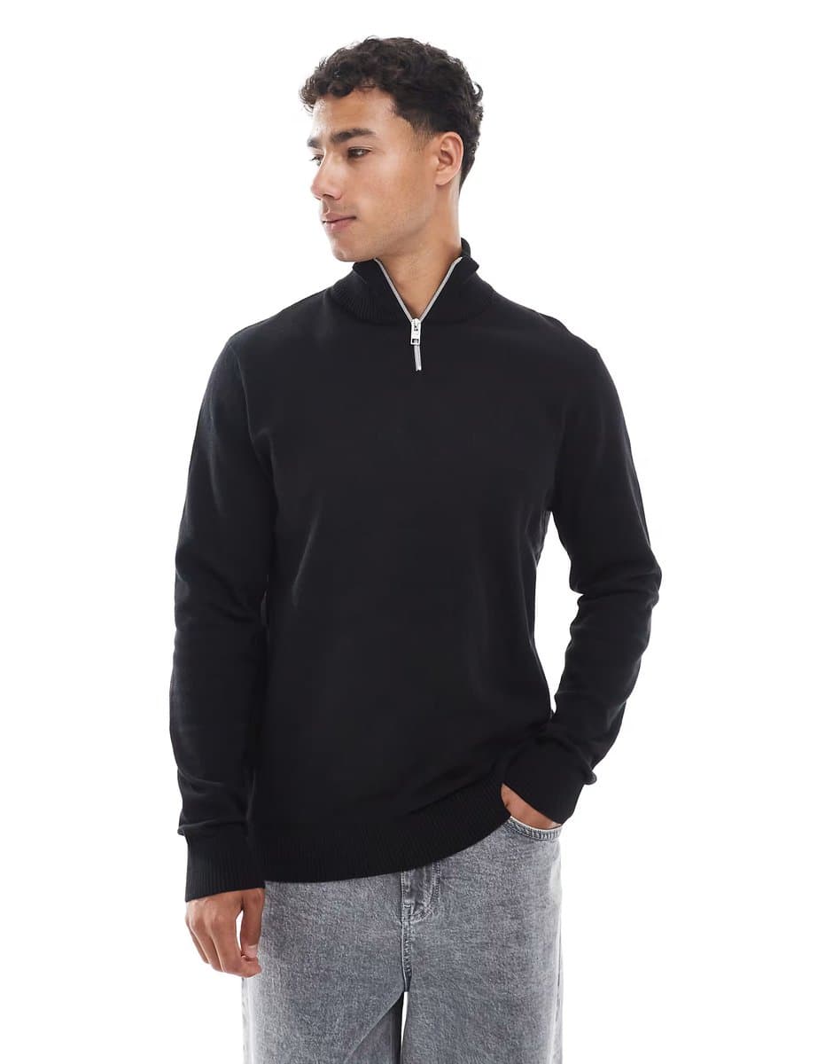 ASOS JJ Rebel quarter zip jumper in black