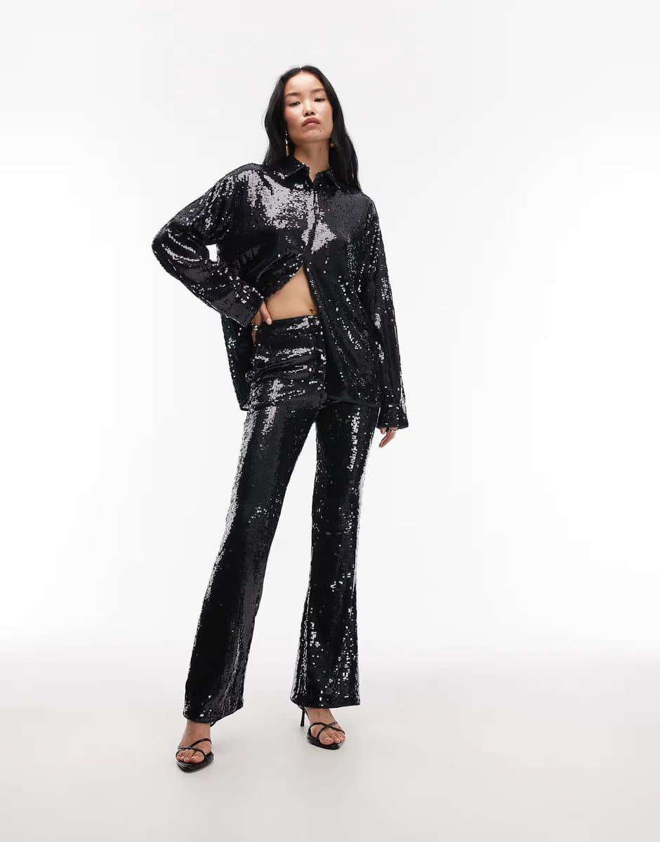 ASOS ASOS DESIGN tailored premium sequin flare trousers  in navy 