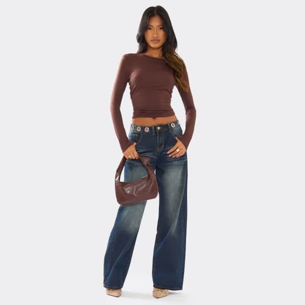 EGO Mid Rise Eyelet Detail Straight Leg Jeans In Dark Blue Wash, Women's Size UK 4