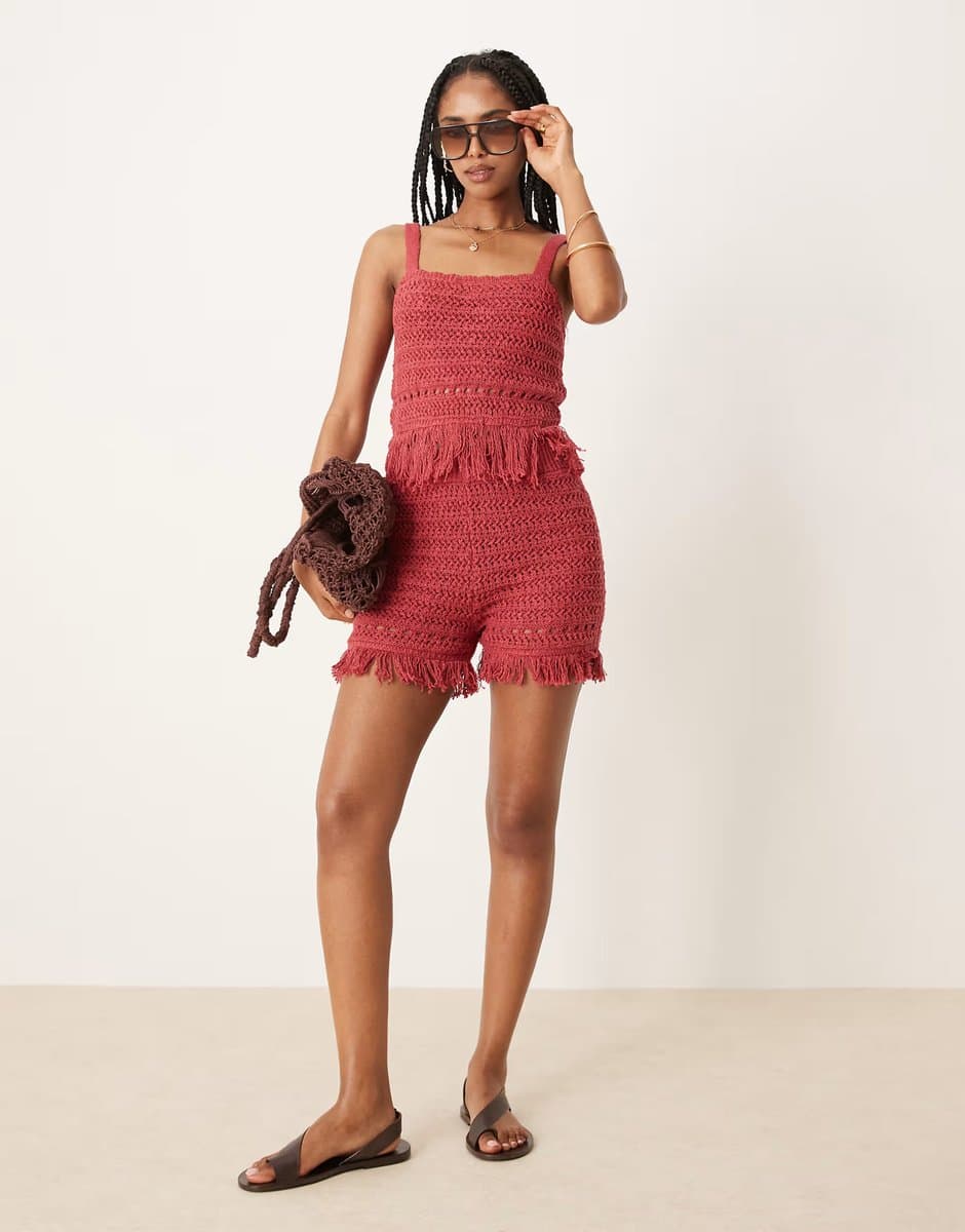 ASOS ASOS DESIGN knitted cami top with fringe hem & shorts in crochet stitch co-ord in burgundy